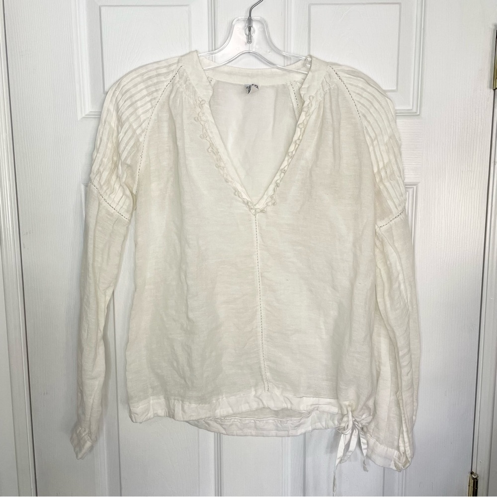 Free People Linen Cotton White V Neck Blouse Extra Small